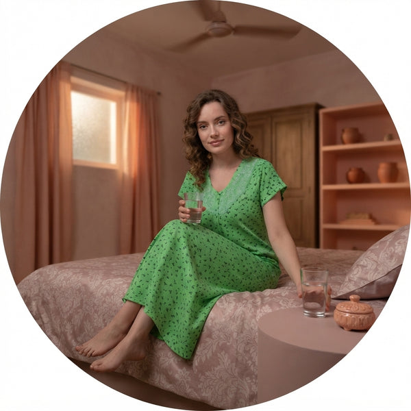 A woman in a bedroom feeling the heat, representing the discomfort of humid nights, styled in soft blush and mauve tones.