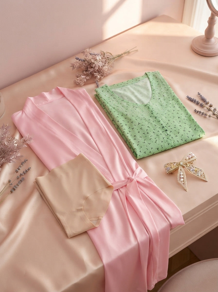 A curated collection of women's premium loungewear and a pearl hair accessory arranged on a soft peach fabric surface.